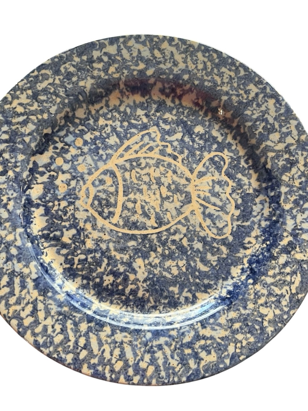 Three Rivers Pottery 1999 USA Universal Studios Blue Spongeware Fish Plate 10”